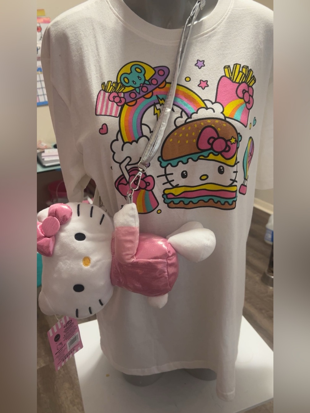 Hello Kitty White and Pink Metallic Plush Crossbody Purse
